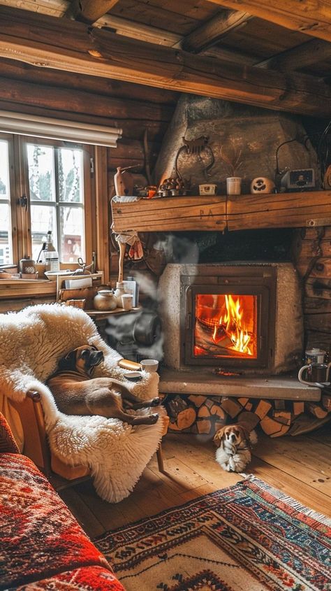 Cozy cabin retreat with crackling fireplace, plush sheepskin chairs, rustic decor, and a glimpse of nature's beauty. Cabin Lodge Aesthetic, Mountain Cabin Interiors Rustic, Scandanavian Interiors Cabin, Rustic Cabin Aesthetic, Vintage Cabin Aesthetic, Rustic Cabin Fireplace, 1800s Cabin, Forest Cabin Interior, Earthy Cabin