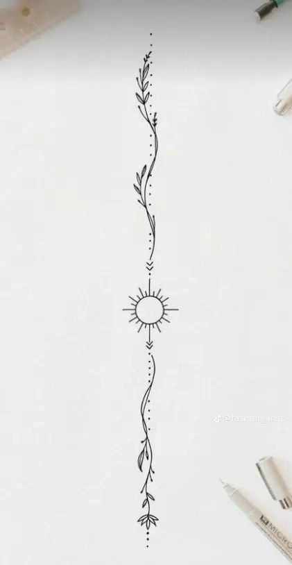 Simple Spin Tattoos For Women, Sunflower Spine Tattoo Simple, Western Spine Tattoos For Women Simple, Beachy Spine Tattoo, Minimalistic Spine Tattoo, Simple Spine Tattoos, Spinal Tattoo, Small Back Tattoos, Bookmark Design