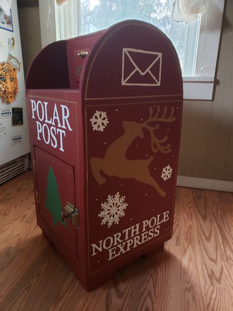 North Pole Mailbox Diy, Christmas Toy Drive Box Ideas, Santa’s Post Office, North Pole Mailbox Ideas, Santas Mail Box Diy, Letters To Santa Mailbox Diy, Christmas Toy Drive, Christmas Cubicle, Outdoor Santa