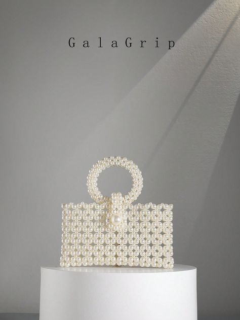 Fashionable Pearl Decor Mobile Phone Bag Women's Evening Party Clutch Handbag One Shoulder Crossbody Bag, Dating Gift Beige Glamorous,Minimalist   PMMA Plain,All Over Print Square Bag   Women Bags, size features are:Bust: ,Length: ,Sleeve Length: Pink And White Bag, Bag With Pearls, Pearls Bag, Pearl Beaded Bag, Beaded Wallet, Pearl Bags, Unusual Handbags, Pearl Clutch Bag, Pearl Handbag