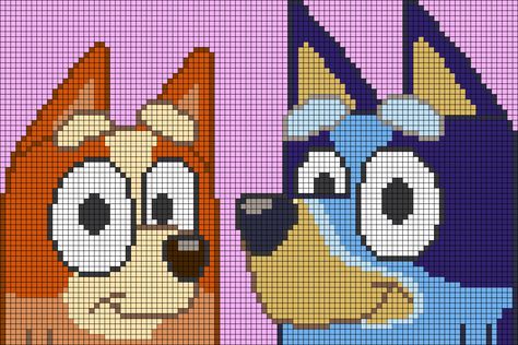 Fuse Beads Ideas Bluey, Bluey Bead Pattern, Bluey Cartoon Pixel Art, Bluey Crochet Ideas, Bluey Knitting Pattern, C2c Crochet Bluey, Bluey Perler Beads, Bluey Pixel Art, Knitting Pattern For Bluey The Dog