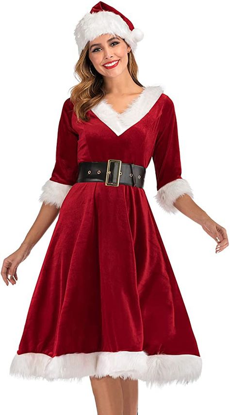 Santa Dress Women, Christmas Long Dress, Womens Santa Costume, Mrs Claus Costume, Mrs Claus Outfit, Hot Christmas, Christmas Fancy Dress, Xmas Dress, Santa Claus Costume