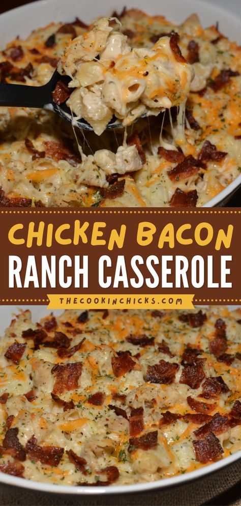 You'll love this Chicken Bacon Ranch Casserole! Not only is this comfort food casserole ready in under 30 minutes, but it is also budget-friendly. Complete with Alfredo sauce, pasta, and cheese, this easy chicken recipe is a family-approved dinner idea for tonight! Bacon Ranch Casserole, Easy Fast Dinner Recipes, Ranch Casserole, Fast Easy Dinner, Chicken Bacon Ranch Pasta, Chicken Bacon Ranch Casserole, Ranch Salad, Fast Dinner Recipes, Cheap Dinner Recipes