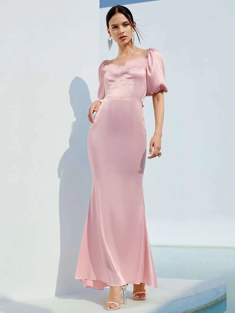 Tie Back Puff Sleeve Satin Dress | SHEIN USA Puff Sleeve Birthday Dress, Shein Evening Dress, Satin Bodycon Dress Long, Pink Satin Dress Long, Puff Sleeve Satin Dress, Satin Puff Sleeve Dress, Long Sleeve Maxi Dresses, Dresses For Ladies, Chic Cocktail Dress