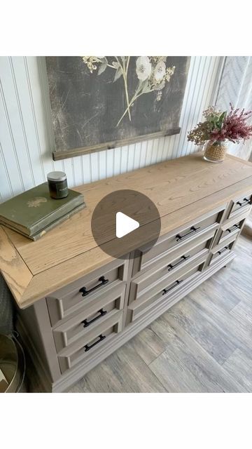 Greige Painted Furniture, Beige Dresser Makeover, Best Dresser Paint Colors, Tv Stand Color Ideas Paint, Broyhill Dresser Makeover, Colors To Paint Bedroom Furniture, Refinished Oak Dresser, Beige Painted Dresser, Brown Painted Dresser