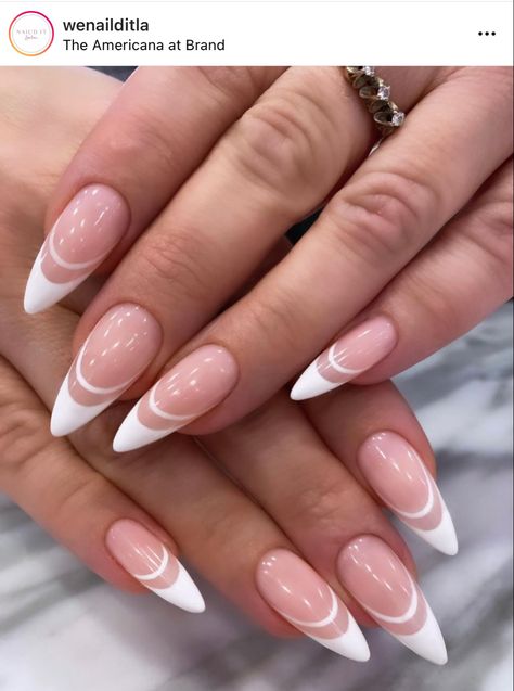 Trendy Nail Art Almond Shape, White French Tip Nails Almond With Diamonds, Thick White French Tip Nails Almond, White Tips Almond Shape, French Ombre Nails Almond Wedding, French Tip Nails Almond Shape, Long Almond White French Tip Nails, Nail Art Blanc, Image Nails