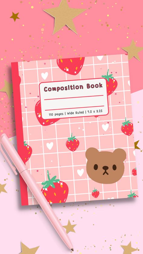 These Kawaii Composition notebooks are perfect for journaling, note-taking, doodling, and more. With their adorable designs, you'll never want to put them down. Whether you're in school, at work, or just need a place to jot down your thoughts, our Kawaii Composition Notebooks are the perfect addition to your stationery collection. #stationery #backtoschool #planneraddict #bujo #bulletjournal #journalling #writing #illustration #strawberrybear #pink #red #deskessentials #notebooklove #journaling Kawaii Composition Notebook, Bear Cute Aesthetic, Cute Composition Notebooks, Kawaii Stationery Notebooks, Cute Aesthetic Journal, Notebooks For Journaling, Cute Notebooks For School, Kawaii Book, Writing Illustration