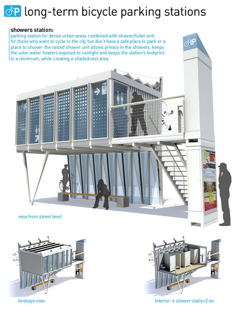 long term bicycle parking stations by lehrer yinnon from israel Bicycle Parking Design, Urban Mapping, Bus Stop Design, Locker Designs, Train Station Architecture, Hybrid Bicycle, Pavilion Architecture, Comfort Bike, Shower Units