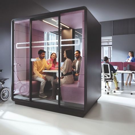 Acoustic meeting pod for 4 persons. Closed office booth with comfortable soft seats. Office Booth, Corporate Office Design, Office Pods, Office Meeting, Open Office, Office Environment, Corporate Office, Cubicle, Office Interior Design