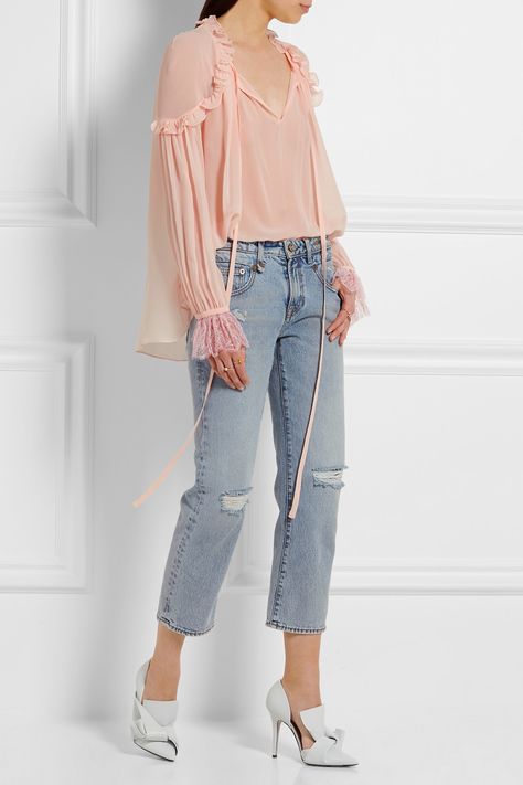 Georgette Tops For Jeans, Tops For Jeans, Pastel Blouse, Georgette Tops, Lace Cuffs, Top Shirt Women, Monica Vinader, Jean Top, Crop Top Blouse