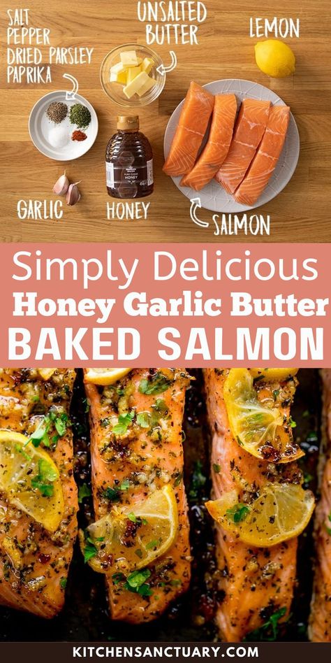 Simply Delicious Honey Garlic Butter Baked Salmon is the perfect combination of sweet, savory, and rich flavors. The garlic butter sauce complements the tender salmon fillets, while a hint of lemon and paprika adds depth. Quick to prepare, this dish is ideal for weeknight dinners, paired with potatoes and veggies for a simple, flavorful meal. Honey Garlic Butter Salmon In Foil, Ranch Salmon Recipes, Honey Soy Salmon Baked, Kosher Salmon Recipes, Wild Caught Salmon Recipes Baked, Honey Salmon Marinade, Marinated Salmon Recipes Baked, Saucy Salmon Recipes, Honey Dijon Salmon Baked