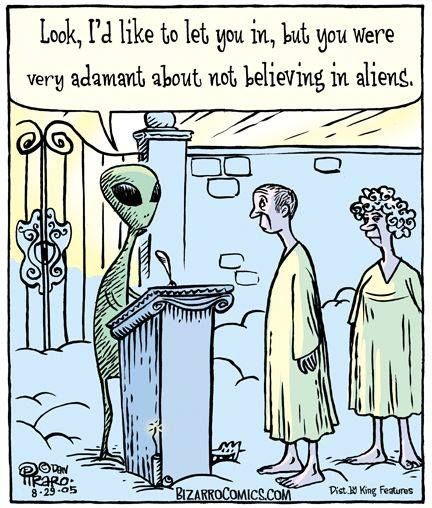 Look, I’d like to let you in but you were very adamant about not believing in aliens. (cosmic humor) Atheist Jokes, Bizarro Comic, Atheist Humor, Funny Cartoon Pictures, Aliens Funny, Geek Humor, Ancient Aliens, Cartoon Jokes, Funny Cartoons