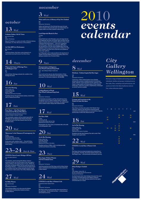 Gallery Events Calendar by Shannon Bayliss, via Behance Events Calendar Design, Season Calendar, Event Layout, Calendar Layout, Calendar Poster, Calendar Of Events, 타이포그래피 포스터 디자인, Documents Design, Events Design