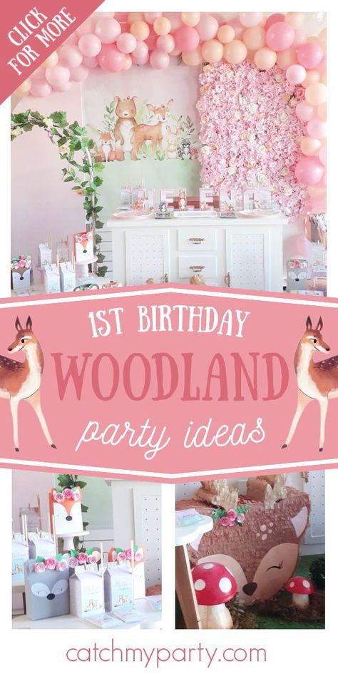 Take a look at this cute pink woodland 1st birthday party! The deer piñata is adorable! See more party ideas and share yours at CatchMyParty.com Deer Birthday Theme, Woodland 1st Birthday Girl, Deer Themed Birthday Party, Woodland First Birthday, Pink Woodland Birthday Party, Onedeerful Deer Birthday, Deer First Birthday Girl, Onedeerful Deer Birthday Girl, One Deer Ful Birthday Girl