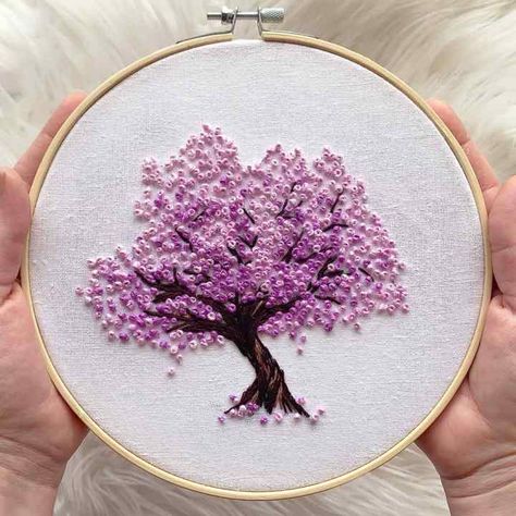 Tree Embroidery Pattern, Tree Embroidery, Wooden Embroidery Hoops, Embroidery Template, Embroidery Tshirt, Sakura Tree, Butterfly Embroidery, Needlework Patterns, French Knot