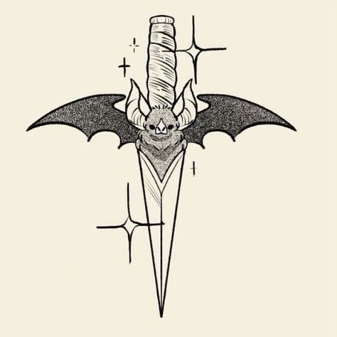 Bat Dagger Tattoo, Inspo Tattoo, Inktober 2023, Optical Illusion Tattoo, Bat Tattoo, Bed Art, Spooky Tattoos, Gothic Tattoo, Dark Art Tattoo