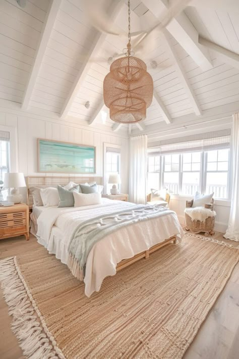 Beach Master Bed, Preppy House Bedroom, Tan Coastal Bedroom, Small Lake House Bedroom Ideas, Exposed Beam Bedroom, Cute Bedroom Ideas Beachy, Beach House Interior Design Bedroom, Coastal Attic Bedroom, Coastal Earthy Bedroom