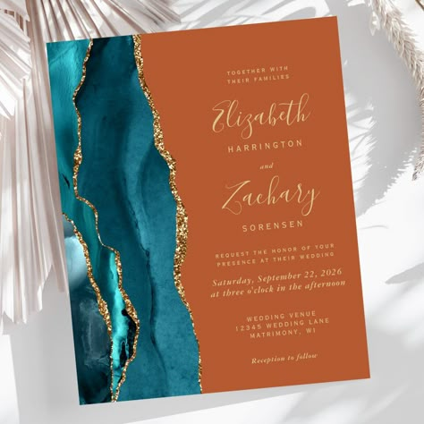 The left-hand edge of this elegant modern wedding invitation features a teal watercolor agate border trimmed with faux gold glitter. The customizable text combines gold-colored handwriting, copperplate and italic fonts on a burnt orange background. The reverse side features a matching teal and gold agate design. Orange And Teal Wedding, Dark Fall Wedding, Teal Wedding Flowers, Dark Teal Weddings, Teal Blue Weddings, Teal Wedding Colors, Rust Wedding, Orange Wedding Invitations, Rusting Wedding