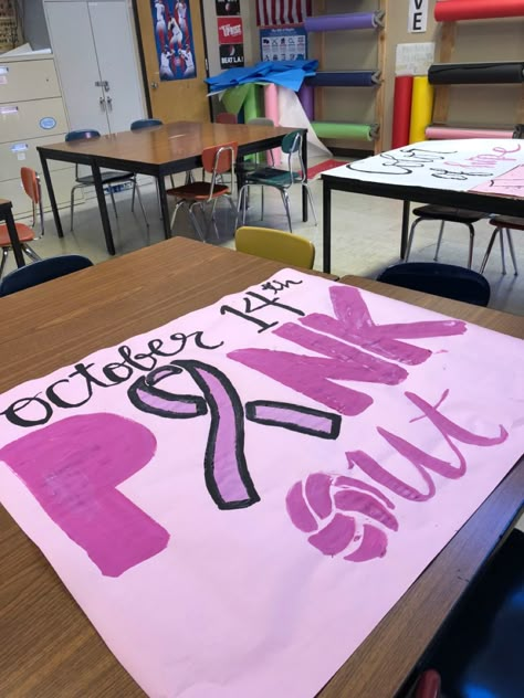 Pink Out Gym Decorations, Pink Out Aesthetic Football, High School Pink Out, Dig Pink Poster Ideas Volleyball, Pink Out Game Posters Volleyball, Pink Out Signs Volleyball, Pink Out Student Section Posters, Pink Out Night Volleyball, Pink Out Posters Pep Rally