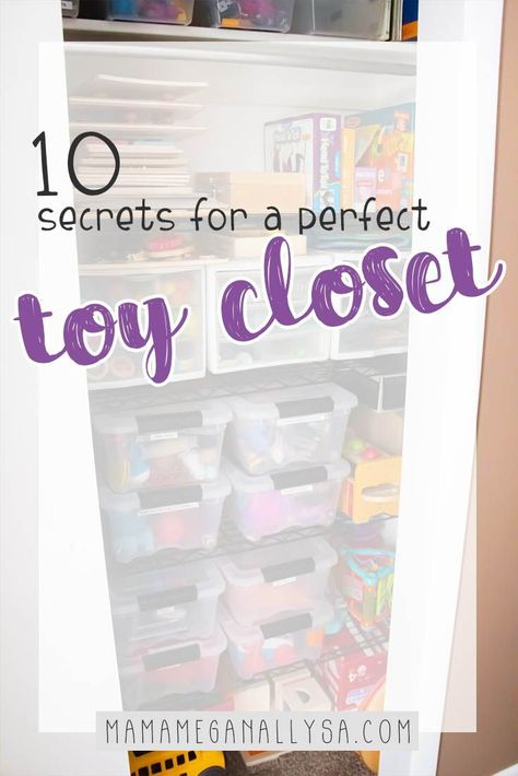 Organized Toy Closet, In Closet Toy Storage, Hallway Closet Toy Storage, Toy Cupboard Storage Ideas, Small Toy Closet Organization, Linen Closet Toy Storage, Organize Toys In Closet, Toy Closet Storage Ideas, Toy Rotation Storage Closet