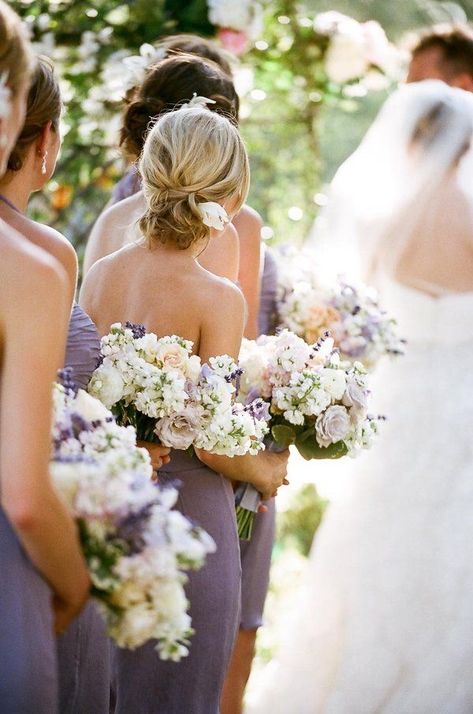 Love the lavender colored bridesmaids dresses! lavender and grey- beautiful for early spring #bridesmaidsdresses #lavenderbridesmaidsdress Lilac Bridesmaid, White Bouquets, Lavender Bridesmaid, White Bridesmaid, Lilac Wedding, Military Wedding, White Bridesmaid Dresses, Soft Lavender, Gray Dresses