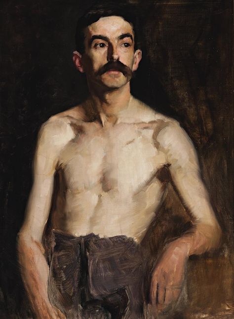 Ramsay Hugh | NUDE STUDY – MALE MODEL WITH MOUSTACHE, HALF-DRAPED, FRONT VIEW | MutualArt New Zealand Art, Queer Art, Interesting Faces, Male Art, Front View, Artist Painting, Figure Painting, On Board, Male Models