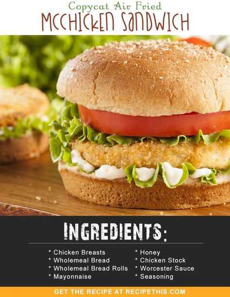 Airfryer Recipes | Copycat Air Fried McChicken Sandwich Recipe from RecipeThis.com Mcchicken Recipe, Chicken Air Fryer Recipes, Air Fryer Chicken Recipes, Recipes Airfryer, Chicken Air Fryer, Mcdonalds Recipes, Chicken Breast Sandwich, Recipes Copycat, Mcdonalds Chicken