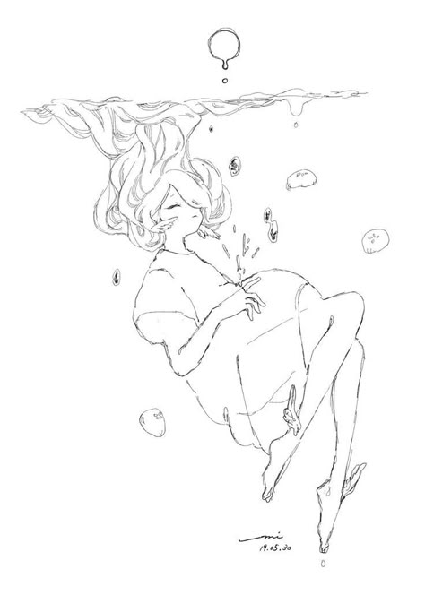 Anime Water Drawing, Person Underwater Drawing, Water Pose Reference, Person Floating Reference, Someone Floating, Underwater Drawing, Tupac Art, Anime Drawing Sketches, Art Bases