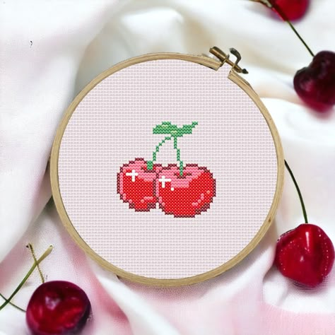 Cherry Pixel Art, Aesthetic Cross Stitch, Cherry Cross Stitch, Pixel Art Mini, Hobbies Aesthetic, Floss Crafts, Fruit Cross Stitch, Cross Stitch Simple, Embroidery Floss Crafts