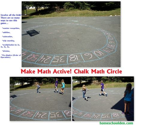 Chalk Circle Game: Outdoor Math Game (For anything from Addition thru PreAlgebra!!) - Homeschool Den Outdoor Multiplication Games, Outdoor Math Games, Math Circle, Math College, Elementary Math Lessons, Easy Math, Math 8, Math Activities For Kids, Circle Game