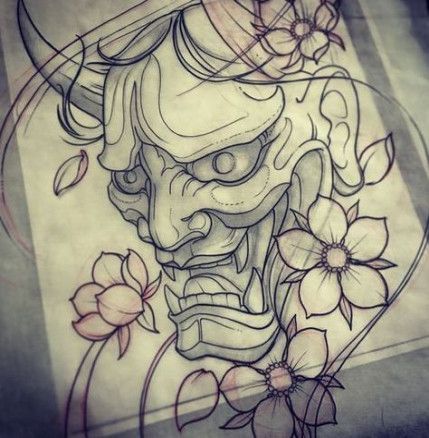 Hannya Maske Tattoo, Mascara Hannya, Hannya Maske, Japanese Mask Tattoo, Tato Flash, Tato Ikan Koi, Oni Mask Tattoo, Oni Tattoo, Hannya Mask Tattoo