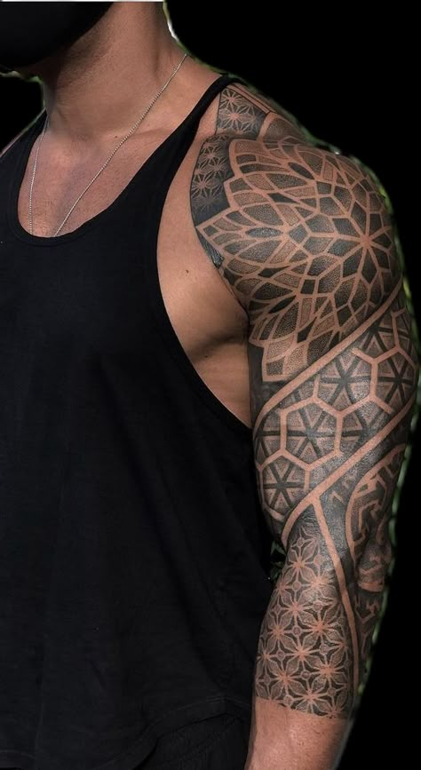 Pattern Sleeve Tattoo Men, Upper Arm Geometric Tattoo, Geometric Tattoo Negative Space, Shape Tattoo Geometric, Geometric Tattoo Pattern Sleeve, Geometric Cover Up Tattoo, Mandela Tattoo Design For Men, Men's Arm Tattoo, Geometric Mandala Tattoo Design Men