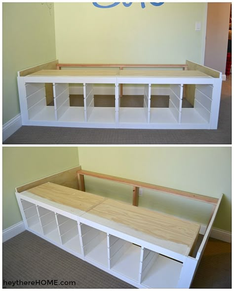 IKEA Hack - DIY Twin Storage Bed Diy Bed Frame With Storage, Ikea Hack Lit, Diy Seng, Diy Twin Bed, Storage For Toys, Twin Storage Bed, Diy Storage Bed, Murphy Bed Ikea, Diy Platform Bed