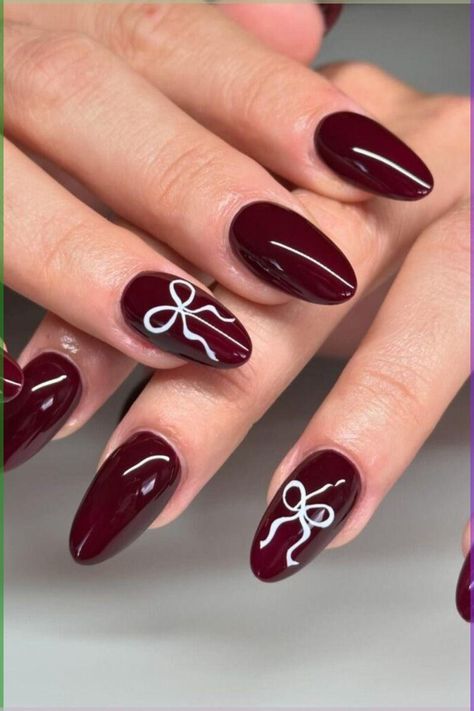 Burgundy Nail Color, New Year Nails Ideas, Chrome Nail Design, Bow Nail Designs, Deep Red Nails, Christmas Nail Design, Wine Nails, New Year Nails, Chrome Nails Designs