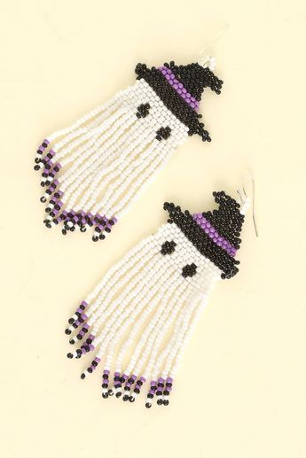 Add a touch of playfulness to your style with these ghost seed bead fringe earrings. These quirky earrings feature a ghost design and delicate fringe made of seed beads. Perfect for a fun and unique look. (Boo-tiful accessory! 👻) Nickel & Lead Compliant Height: 3.5" Width: 1.25" Ships with love from our warehouse in Smithfield,VA Seed Bead Ghost Earrings, Spooky Beaded Earrings, Ghost Seed Bead Earrings, Halloween Seed Bead Patterns, Beaded Earring Designs, Beaded Ghost Earrings, Halloween Beadwork, Halloween Earrings Diy, Halloween Earrings Beaded