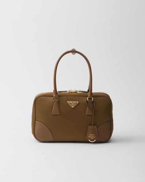 Cork Beige Prada Re-edition 1978 Medium Re-nylon And Saffiano Leather Two-handle Bag | PRADA Brown Prada Bag, Prada Re Edition, Bag Prada, Leather Keyring, Dry Cleaners, Triangle Logo, Leather Key, Handle Bag, Prada Bag