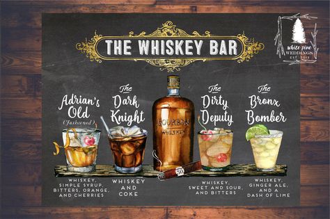 Whiskey Bar Ideas, Bar Ideas Party, Scotch Whiskey Drinks, Wedding Signature Drinks, Bourbon Bar, Dragon Cake, Whisky Bar, Bar Menu Wedding, Birthday Drinks