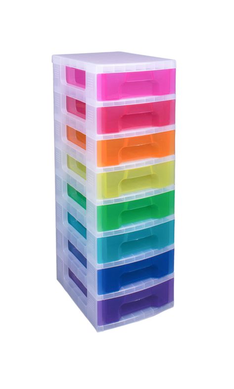 Really Useful Plastic Storage Box Storage Tower 8x7 Litre Clear Frame with Rainbow Drawers : Amazon.co.uk: Home & Kitchen Drawer Tower, Plastic Cabinet, Drawer Cart, Plastic Storage Drawers, Office Organisation, Plastic Drawer, Classroom Storage, Set Of Drawers, Plastic Drawers