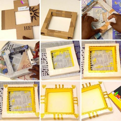 Build a photo photo frame from cardboard, covered in paper mache and then finished with paint and embellishments. Cut out the template of the picture frame on cardboard Fold along the lines and glue together with cellotape Apply layers of papermache and let dry Apply two layers of paint Embellish Glue the image of choice on the cardboard cut out to be used for the back of the frame and attach Paper Mache Mirror, Diy Photo Frame Cardboard, Diy Paper Mache, Photo Frame Diy, Graduation Photo Frame, Mirror Paper, Photo Frame Prop, Mirror Frame Diy, Cardboard Frame