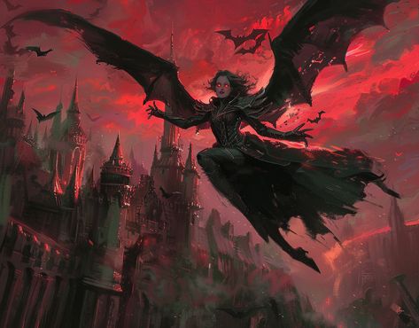 a middle aged female vampire noble with red eyes flying above a dark castle, dramatic lighting, random perspective, detailed background, mtg fantasy oil illustration Vampire Mtg Art, Medieval Vampire Art, Vampires Fantasy Art, Vampire Art Fantasy Dark, Strigoi Vampire, Dark Vampire Art, Fantasy Vampire Art, Dark Fantasy Vampire, Vampire Concept Art