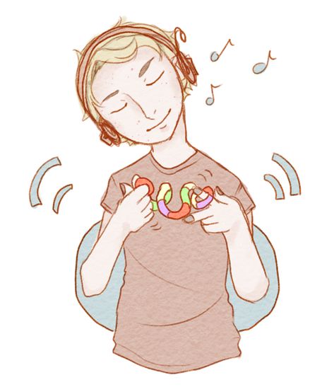 [A drawing of a person wearing headphones, listening to music, while stimming with a tangle.] Person Wearing Headphones, Drawing Of A Person, Headphones Drawing, Headphones Listening To Music, Wearing Headphones, Person Drawing, Music Drawings, Sensory Issues, Dessin Adorable