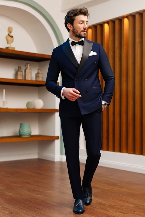 Introducing our Navy Double Breasted Tuxedo 2-Piece, a timeless ensemble exuding navy elegance with a touch of modern flair. The classic navy hue brings a sense of refinement, making it an ideal choice for various formal events. #tuxedo #suits #mensstyle #menstyle #fashion #outfit #formalwear #menfashion #fashionformen #style #dapper #gentleman #doublebreasted Best Groom Suits, Man Dress Design, Prom Suits For Men, Mens Casual Suits, Suit Styles, Double Breasted Tuxedo, Suit Stores, Mens Smart Casual Outfits, Blazer Outfits Men