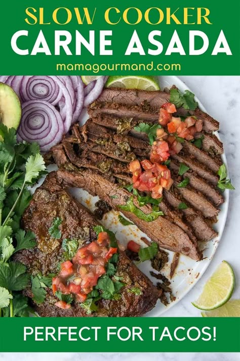 Steak Tacos Crockpot, Carne Asada Slow Cooker, Steak In The Crockpot, Flank Steak Crock Pot, Slow Cooker Carne Asada, Slow Cooker Flank Steak, Mamagourmand Recipes, Gf Dinners, Carne Asada Recipe