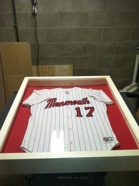 College Jersey Shadow Box - by hammy21 @ LumberJocks.com ~ woodworking community Shadow Box Jersey, Sports Shadow Boxes, Large Shadow Box, Shadow Box Graduation, Jersey Display Case, Baseball Bedroom, Jersey Display, Baseball Room, Baseball Decor