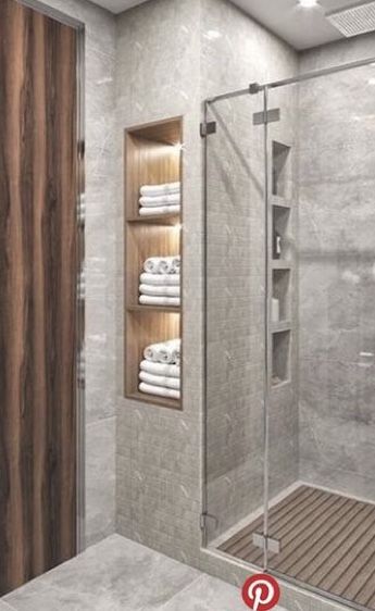 Towel Niche In Wall, Niche Wall Bathroom, Unique Shower Niche Ideas, Towel Niche In Bathroom, Spa Like Ensuite, Bathroom Towel Niche, Wood Niche Bathroom, Niches Design Wall Bathroom, Stacked Shower Niche