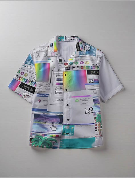 Color: Multi Style: Casual Pattern Type: Vaporwave Art Type: Shirt Neckline: Collar Sleeve Length: Short Sleeve Details: Button Front Sleeve Type: Regular Sleeve Fit Type: Regular Fit Fabric: Semi-Stretch Material: Polyester Composition: 100% Polyester Care Instructions: Machine wash, do not dry clean Sheer: No • 7.23 Oz. Fabric: 95% polyester, 5% spandex.• Features four-way stretch fabric and comfort fit.• Short sleeves, notch lapel collar, self-fabric sleeve cuff detail.• Machine wash, tumble Random Shirt Designs, Silly Shirt Ideas, 80s Synthwave Aesthetic Outfit, Synthwave Clothes, Funky Button Ups, Upcycle Long Sleeve Shirt, Webcore Clothes, Retrowave Fashion, Holo Clothes