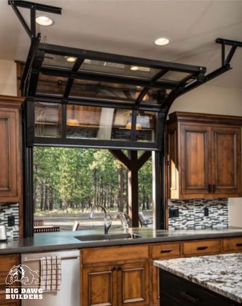 A roll up window in the kitchen would be great for easy access to the outdoor patio for hosting or to simply enjoy the mountain air. Outdoor Bar And Grill, Bar En Plein Air, Barndominium Interior, Bar Shed, Indoor Outdoor Kitchen, Pacific Homes, Outdoor Kitchen Bars, Backyard Bar, Bar Patio