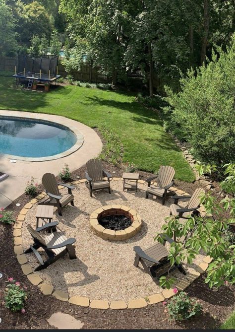 Circle Backyard Ideas, Fire Pit With Pool Ideas, Landscape Ideas Fire Pit Seating Areas, Crazy Pave Fire Pit Area, Pea Gravel Fire Pit Area Square, Circular Stone Fire Pit, Poolside Fire Pit, How To Place Rocks In Landscaping, Circle Firepits Backyard Ideas