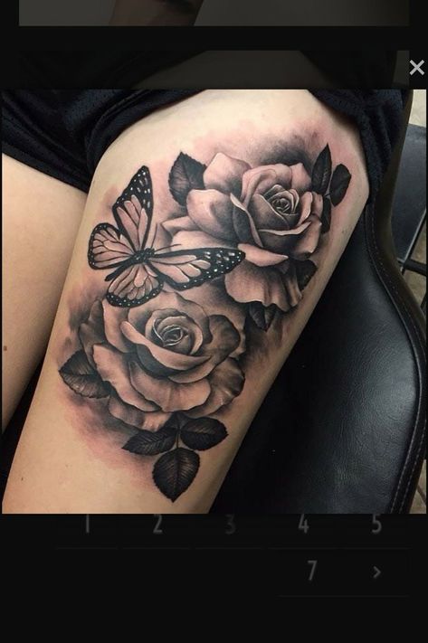 Butterflies And Roses, Tatuaje Cover Up, Rose And Butterfly Tattoo, Rose Tattoo Thigh, Girl Thigh Tattoos, Catrina Tattoo, Rose Tattoos For Women, Pretty Hand Tattoos, Tattoo Rose