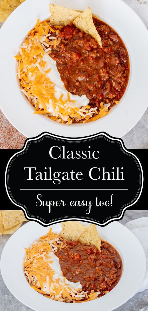 This classic homestyle tailgate chili has been a staple recipe for me for over a decade now. It's full of flavour, perfect on cold nights, freezes amazingly, and is one of the easiest recipes I've ever made! You have GOT to try this!  #chili #tailgate #tailgatefood #tailgatechili #dinner #beans #beef #pork #slowcooker #crockpot #recipe #delicious #food Spicy Touchdown Chili, Crockpot Tailgating Recipes, Boilmaker Tailgate Chili, Chili Boards, Touchdown Chili Recipe, Tailgate Chili Recipe, Boilermaker Tailgate Chili, Game Day Chili Recipe, Tailgate Chili